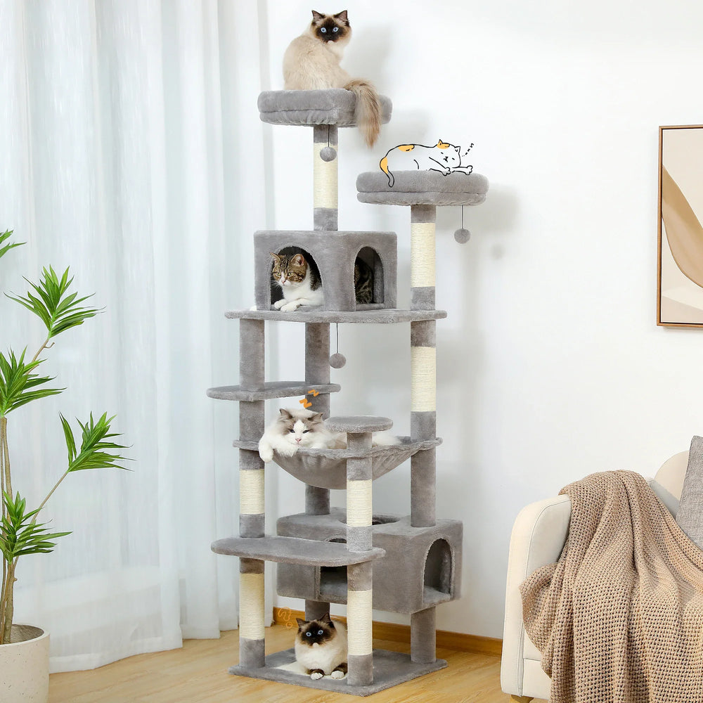 Large Multi-Level Cat Tree & Tower – Sisal Scratching Posts, Spacious Condos, Hammock & Padded Perches for Indoor Cats