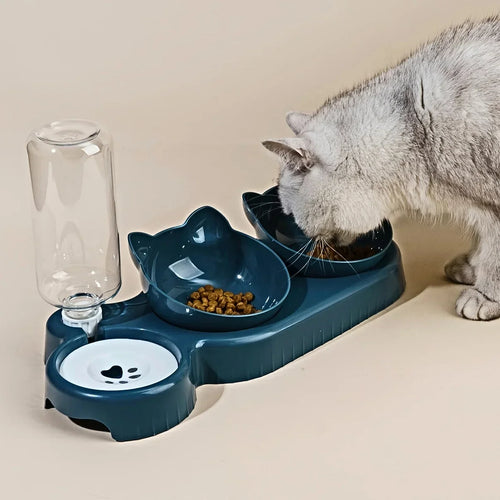 3-in-1 Elevated Pet Bowl Set with Gravity Water Feeder – Tilted Food & Water Bowls for Cats